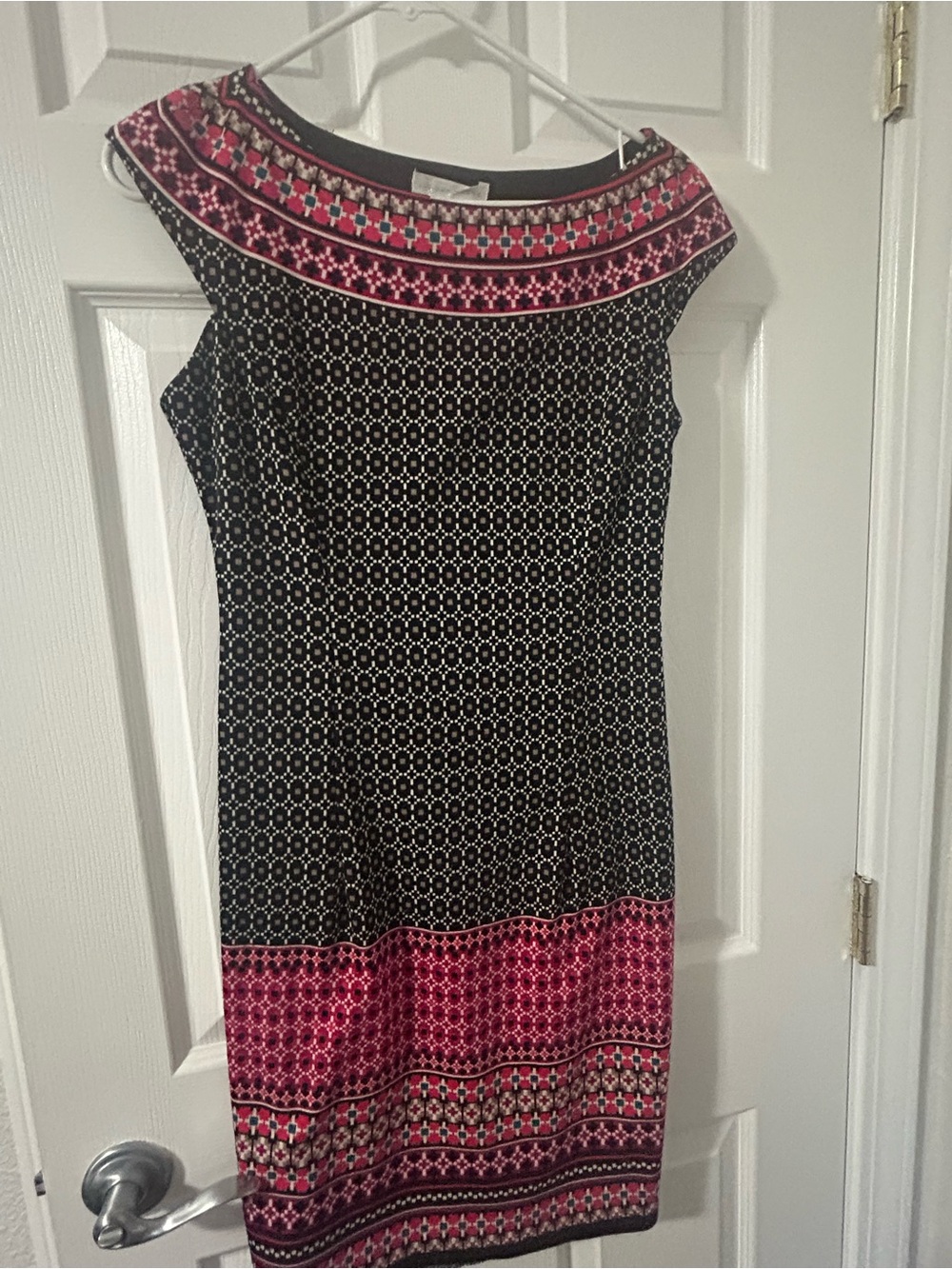 London Times Black Sheath Dress with Pink Patterned Yoke and Hem